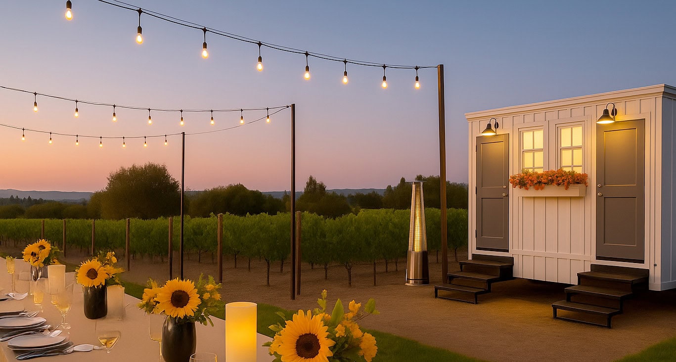 Restroom trailer positioned at Sonoma vineyard 